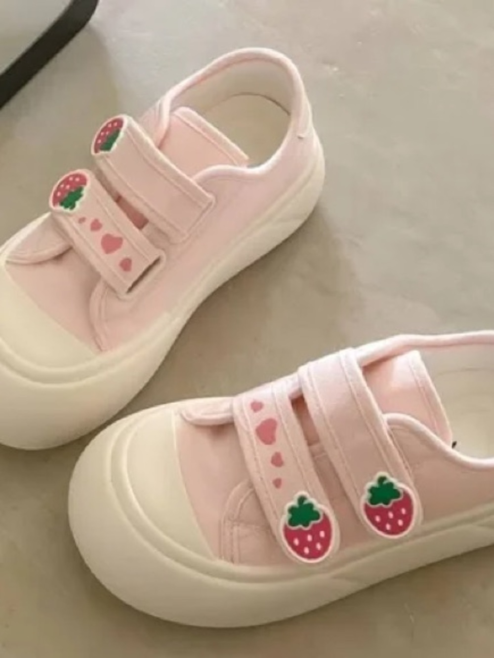 Pink Strawberry Velcro Sneakers read complete description.